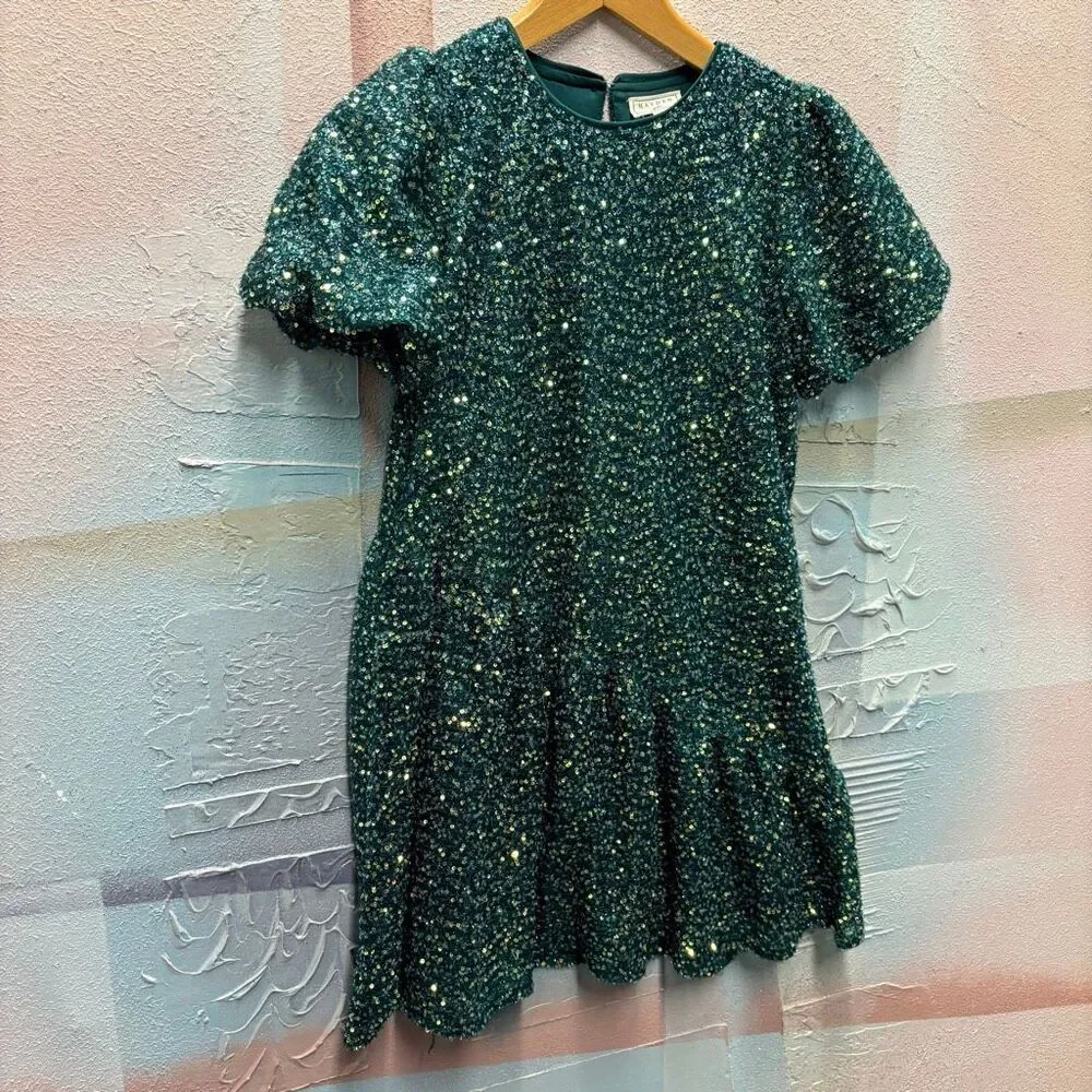 Hayden Girls L Green Sequin Puff Sleeve Dress Christmas Holiday Glam Preppy Chic